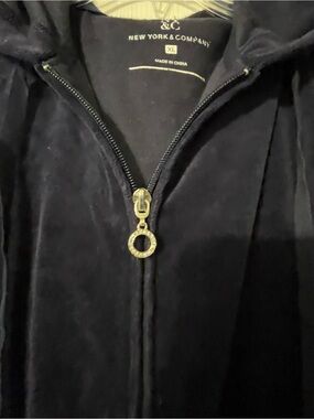 New York & Company Black Velvet Zip-Up Hoodie with Gold Ring Pull